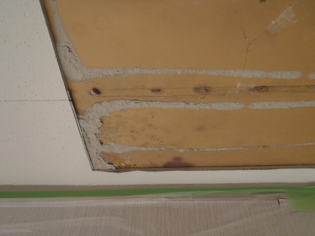 天井の仕上げ材を剥がしてみると、下地のボードに雨漏りの跡が多数見られました。
